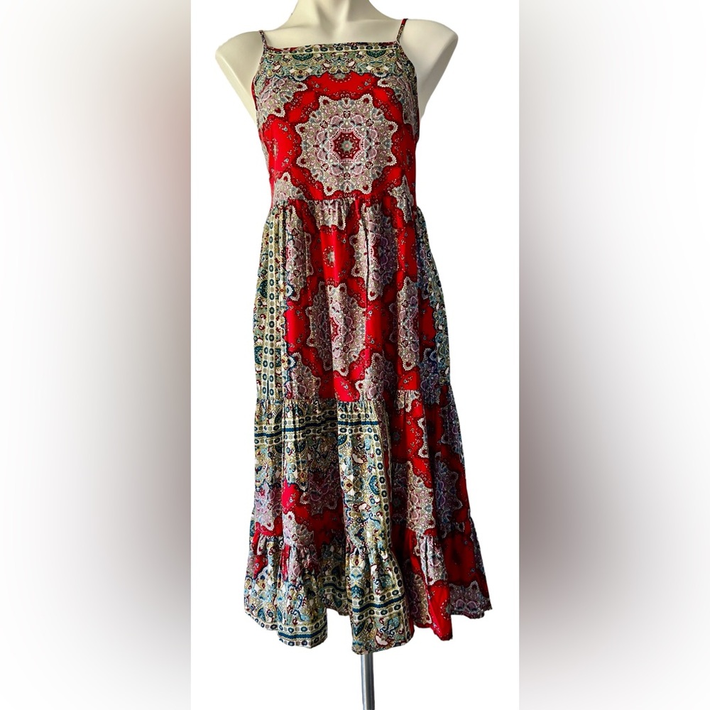 BOG COLLECTIVE Red Floral Tiered
Hem Midi‎ Dress Women Size Medium